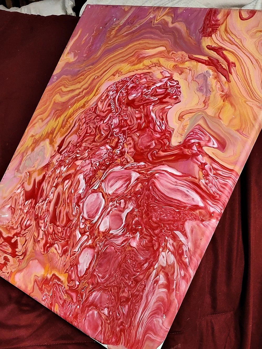 Original Abstract Acrylic Pour Painting 16x20 Red Pink Orange Fluid Art